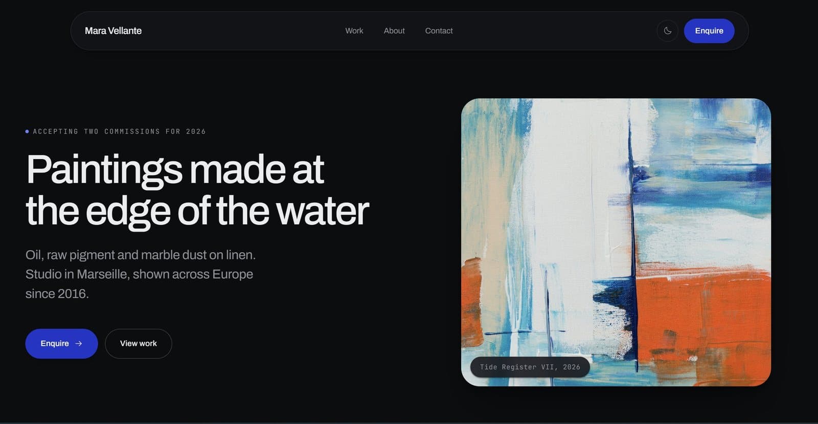 Maravellante painter portfolio hero with a floating pill navigation