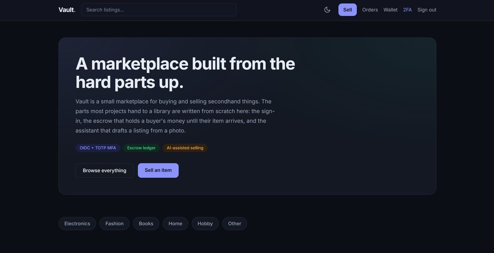 Vault marketplace storefront with escrow and AI listing features